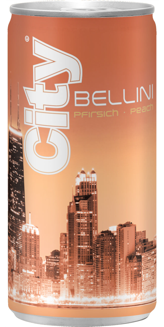 Eine Produktabbildung von einer 0,2l Dose City Bellini. Die Dose ist orange mit City Skyline