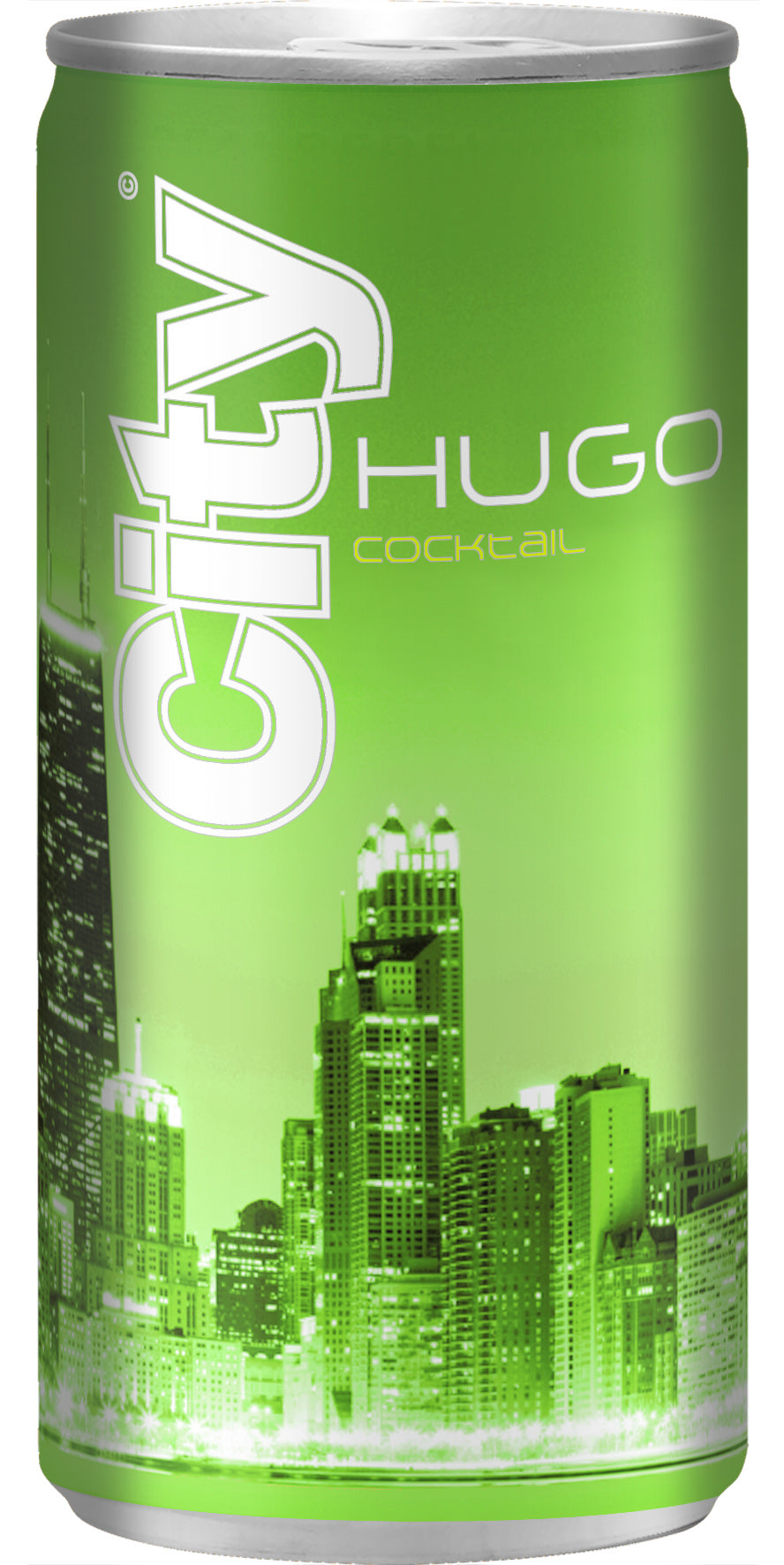 Eine Produktabbildung von einer 0,2l Dose City Hugo. Dose grün mit City Skyline